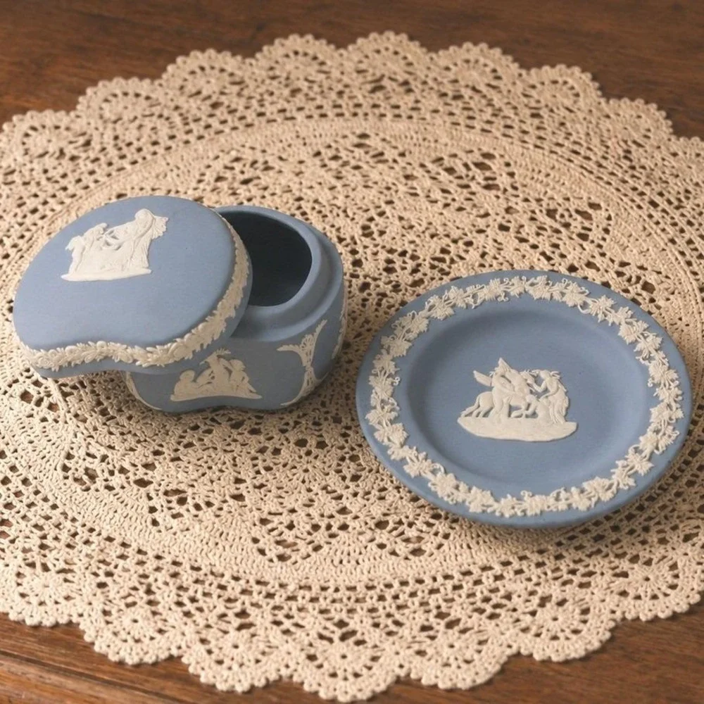 Vintage Wedgwood Blue Jasperware Trinket Box & Pin Dish Set Neoclassical Vanity